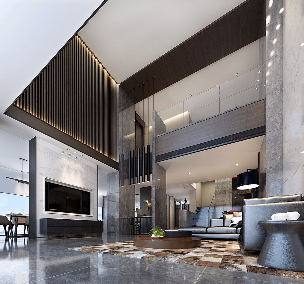 黑白灰现代简约风格室内装修效果图-海口天湖郦都别墅420平米